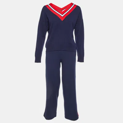 Pre-owned Sandro Navy Blue Wool Knit Stripe Detail Jumper & Trousers Set S