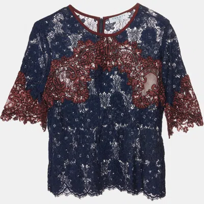 Pre-owned Sandro Navy Blue/burgundy Floral Lace Short Sleeve Blouse M