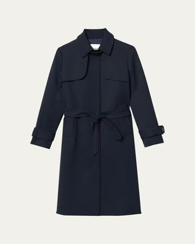 Sandro Navy Pleated-back Belted Trench Coat In Black