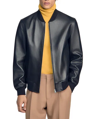 Sandro New Monaco Leather Bomber Jacket In Black