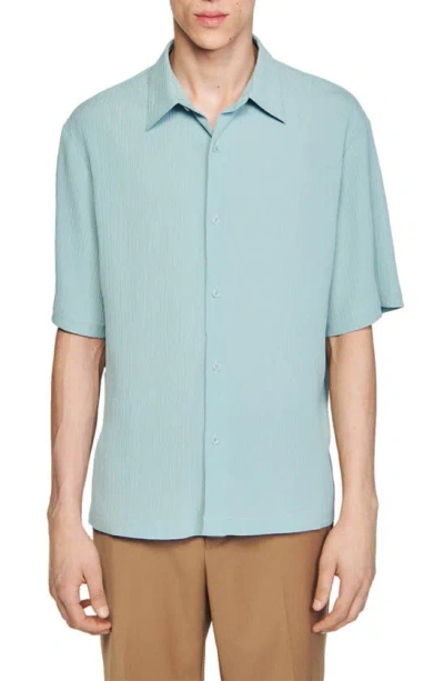 Sandro New Pleated Short Sleeve Button-up Shirt In Light Blue