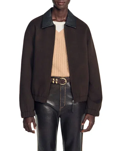Sandro Nilo Double Faced Wool Jacket In Black / Brown