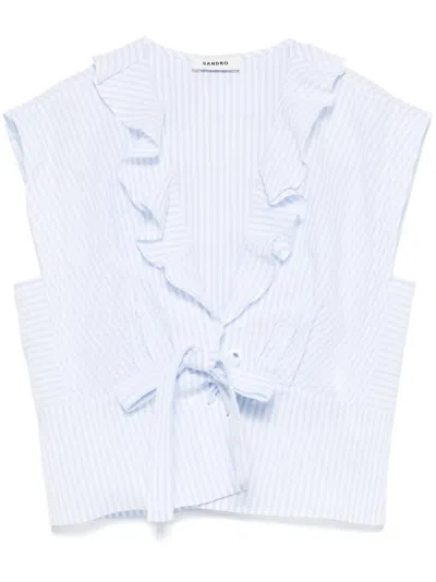 Sandro Womens Bleus Rhinestone-embellished Ruffled-trim Cotton Top