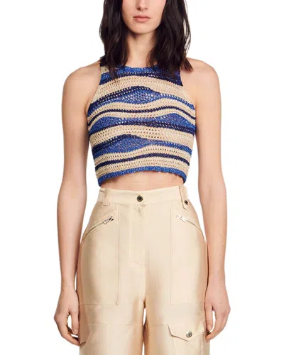 Sandro Metallic Open-knit Crop Top In Blue Gold