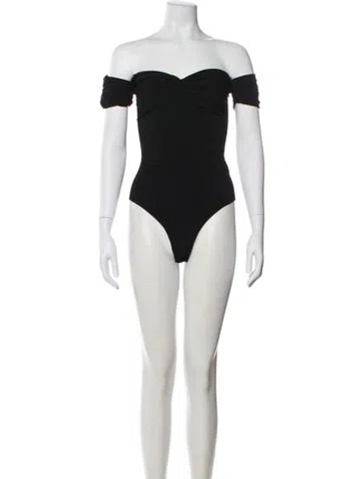 Pre-owned Sandro Off-the-shoulder Short Sleeve Bodysuit W/ Tags In Black