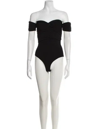 Pre-owned Sandro Off-the-shoulder Short Sleeve Bodysuit W/ Tags In Black