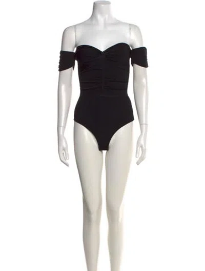 Pre-owned Sandro Off-the-shoulder Short Sleeve Bodysuit W/ Tags In Black
