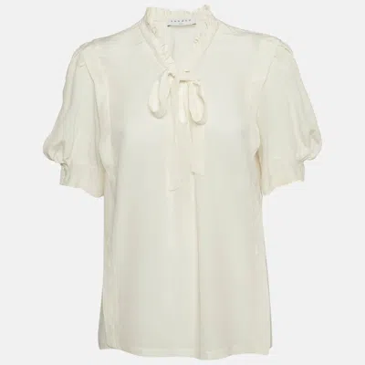 Sandro Off-white Silk Ruffled Tie-up Neck Detail Blouse In Neutral