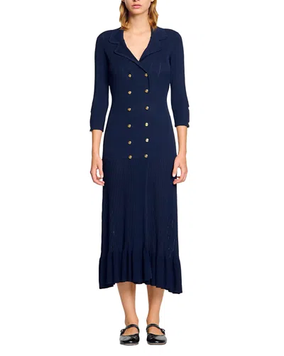 Sandro Olympe Double Breasted Pointelle Maxi Dress In Navy Blue