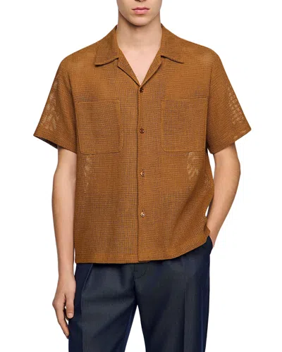 Sandro Openwork Mesh Shirt In Brown