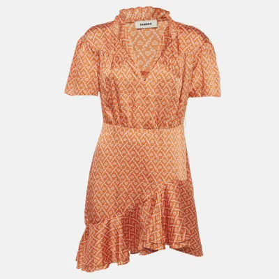 Pre-owned Sandro Orange Heart Print Satin Ruffled Suzen Mini Dress M