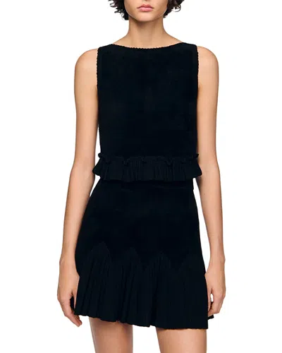 Sandro Oreon Ruffled Crop Top In Black