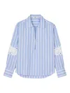 Sandro Womens Bleus Striped Lace-trim Cotton And Linen-blend Shirt In Blue