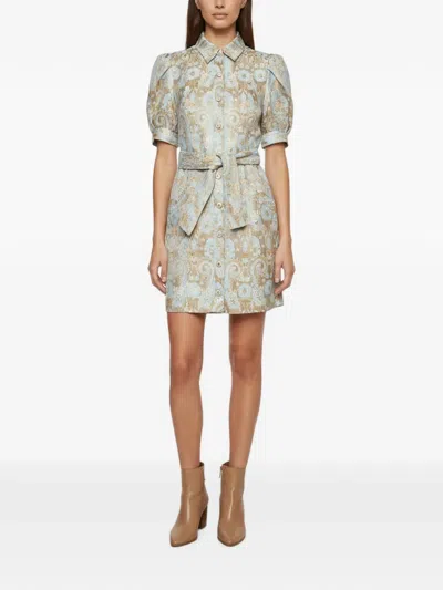Pre-owned Sandro Orlan Puff-sleeve Mini Shirt Dress In Blue