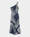 Sandro Womens Bleus Graphic-print One-shoulder Woven Maxi Dress In Blu / White