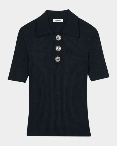 Sandro Ory Ribbed Polo Sweater In Navy Blue