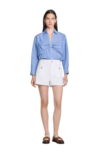 Sandro Cotton Stripe Bow Shirt In Blue