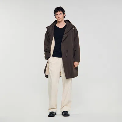 Sandro Oversized Cotton And Wool Parka In Brown