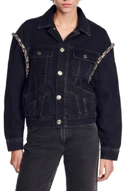 SANDRO SANDRO OVERSIZED DENIM JACKET WITH RHINESTONES