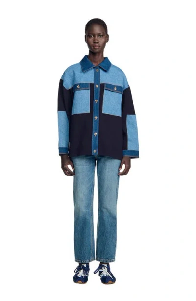 Sandro Celia Denim Mix Oversized Jacket In Blue
