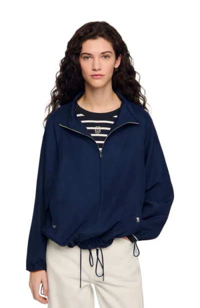 Sandro Stand Collar Oversized Jacket In Blue