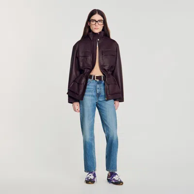 Sandro Oversized Leather Collar Jacket In Burgundy