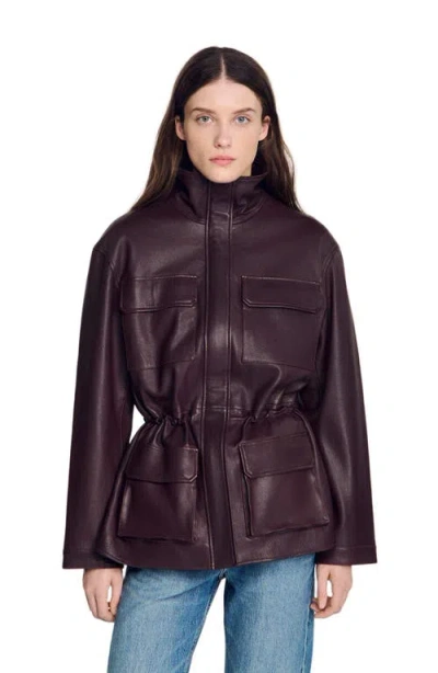 Sandro Oversized Leather Collar Jacket In Burgundy