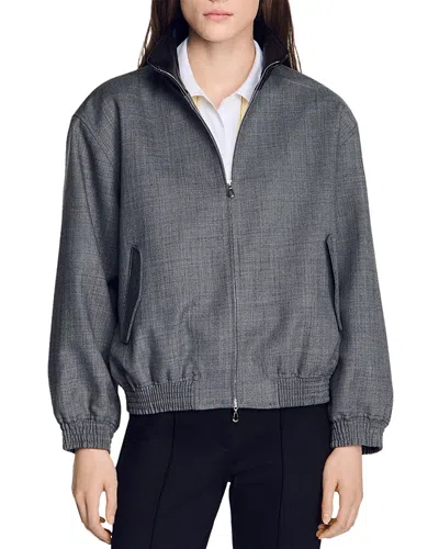 Sandro Oversized Leather Collar Jacket In Gray