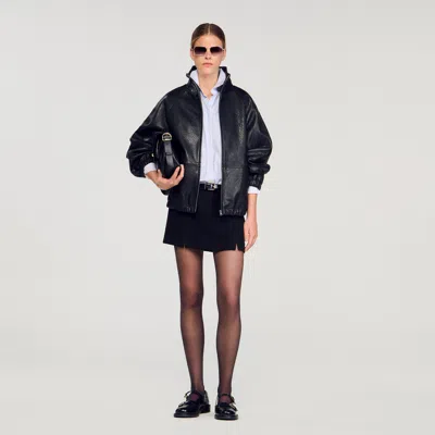 Sandro Oversized Leather Jacket In Black