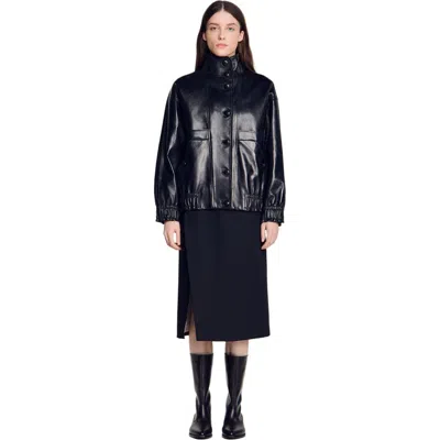 Sandro Oversized Leather Jacket In Black