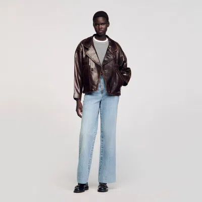 Sandro Oversized Leather Jacket In Brown