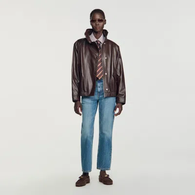 Sandro Oversized Leather Jacket In Brown