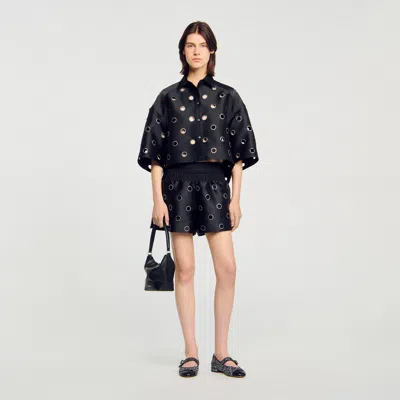 Sandro Oversized Shirt With Rhinestones Holes In Black