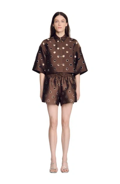 Sandro Oversized Shirt With Rhinestones Holes In Brown