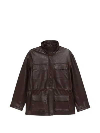 Sandro Oversized Stand-up Collar Leather Jacket In Brown