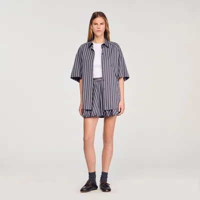 Sandro Oversized Striped Rhinestone Shirt In Gray