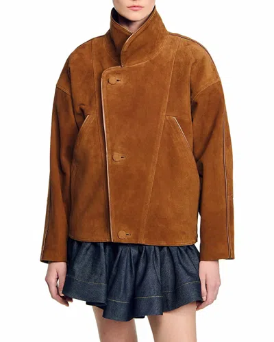 Sandro Oversized Suede Jacket In Brown