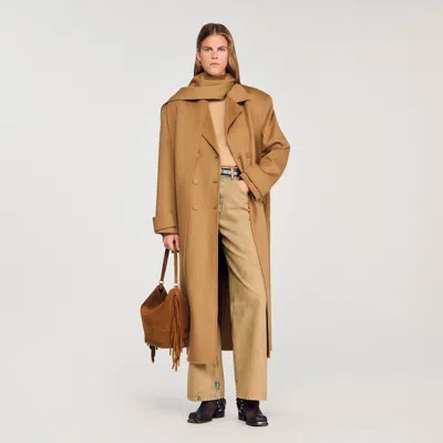 Sandro Oversized Wool Coat With Removable Scarf In Brown