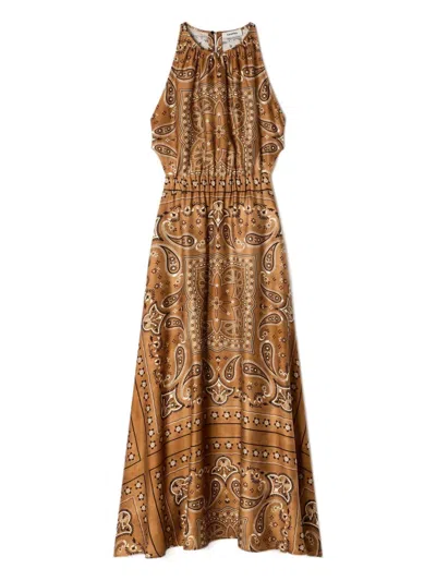 Sandro Paisley-pattern Tie-detail Midi Dress In Brown