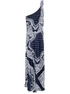 Sandro Womens Bleus Graphic-print One-shoulder Woven Maxi Dress In Blue