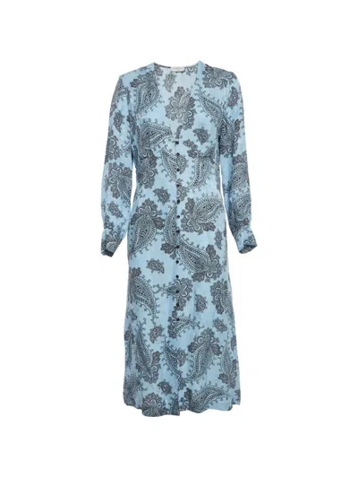 Pre-owned Sandro Paisley-print Button-front Midi Dress In Blue