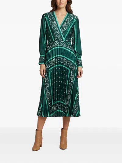 Pre-owned Sandro Paisley-print Pleated Midi Dress In Green