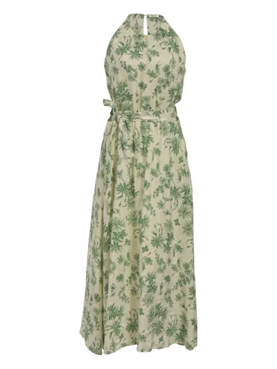 Pre-owned Sandro Palm-print Midi Dress In Neutral