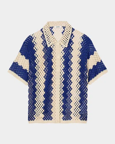 Sandro Palmas Striped Open-knit Cardigan In Bleus