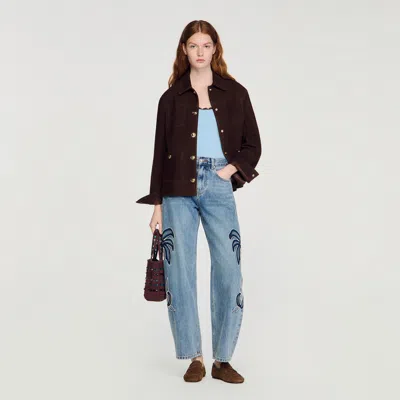 Sandro Palm-embroidered Wide Barrel Jeans In Blue