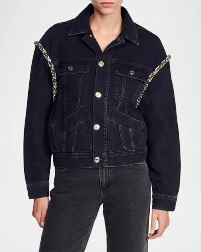 Sandro Paloma Embellished Faded Denim Jacket In Black