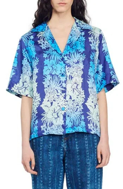 Sandro Papeete Print Camp Shirt In Blue