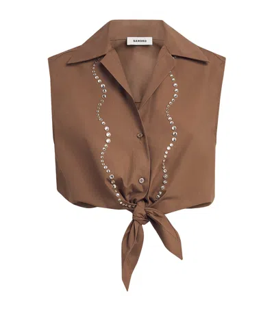 Sandro Paris Cotton Embellished Cropped Shirt In Brown