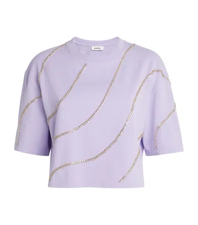 Sandro Paris Cotton Embellished Cropped T-shirt In Purple