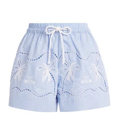 Sandro Paris Cotton Embroidered Open-work Shorts In Blue